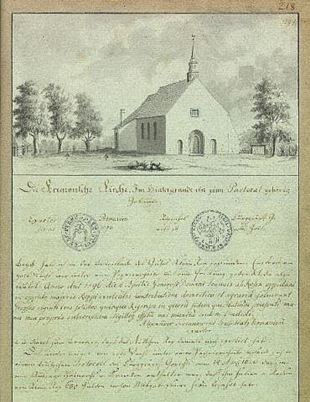 Altes Dokument mit der Überschrift "St. Erasmus Kirche" und einer Kirche im Hintergrund, unterzeichnet von der deutschen Regierung, umgeben von Bäumen und Himmel.