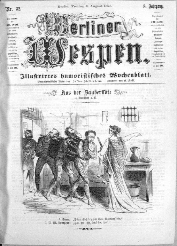 Altes Schwarz-Weiß-Zeitungsbild vom "Berliner Wespen, 6. August 1875" mit einer Gruppe von Menschen in Not, einige schauen ängstlich hoch, andere verwirrt runter.