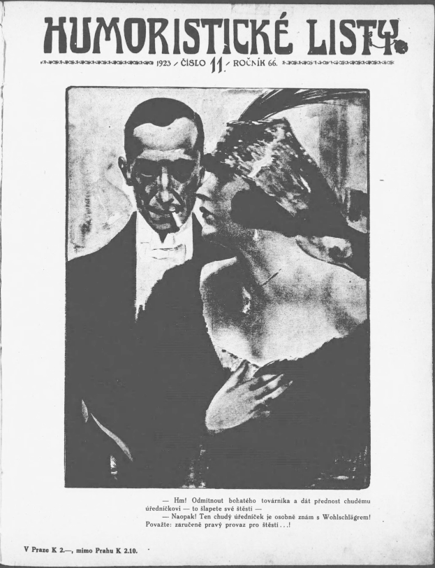 Schwarze und weiße Zeitschriftentitel "Humoristische Liste" mit einem Mann im Anzug mit ernstem Gesichtsausdruck und einer Frau, die schmunzelnd wegsieht.