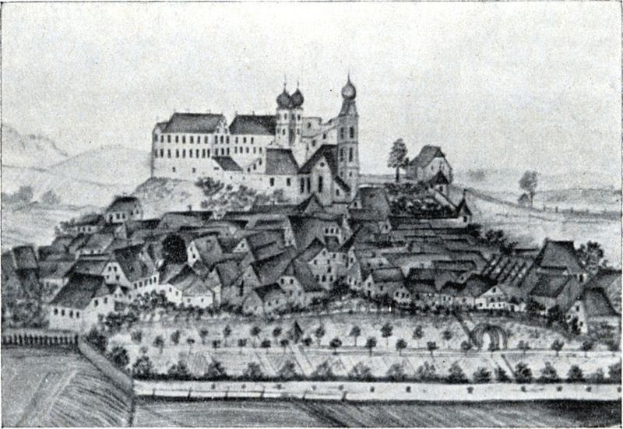 Schwarz-weiß-Illustration einer Stadt mit einem Schloss darauf, umgeben von Häusern und Bäumen, beschriftet "Bayern, Deutschland im 19. Jahrhundert" unten.