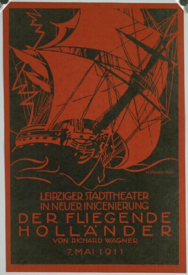 Ein Vintage-Konzertplakat für das Leipzig Stadt Theater in New Orleans, Louisiana, aus dem Jahr 1911, das eine Illustration eines Schiffs und Veranstaltungseinzelheiten zeigt.