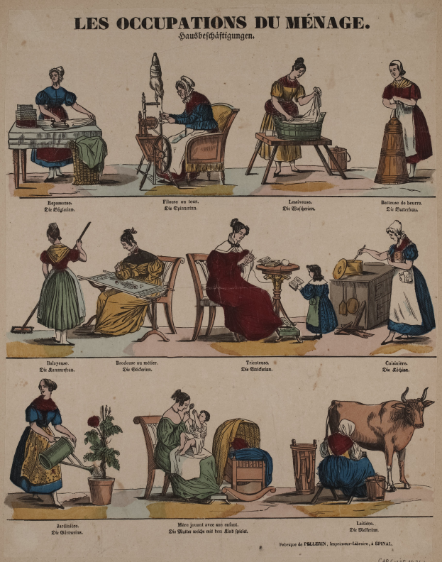 Ein Plakat aus dem 19. Jahrhundert, das verschiedene Berufe zeigt, mit einer Gruppe von Menschen, einigen sitzend und einigen stehend, einer Kuh, einem Topf mit einer Pflanze und anderen Gegenständen, begleitet von beschreibendem Text.