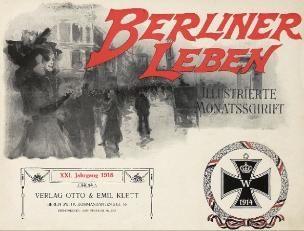 Altes Buchcover mit dem Text "Berliner Leben", einem deutschen Militär-Logo und einer Gruppe von Menschen in einer feierlichen Umgebung.