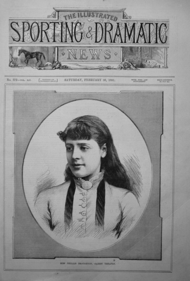 Schwarz-weiß-Zeichnung einer Frau mit ernstem Gesichtsausdruck, zurückgebundenem Haar und einem gemusterten Schultertuch über einem weißen Kleid auf der Titelseite der 'The Illustrated Sporting and Dramatic News'-Zeitung.