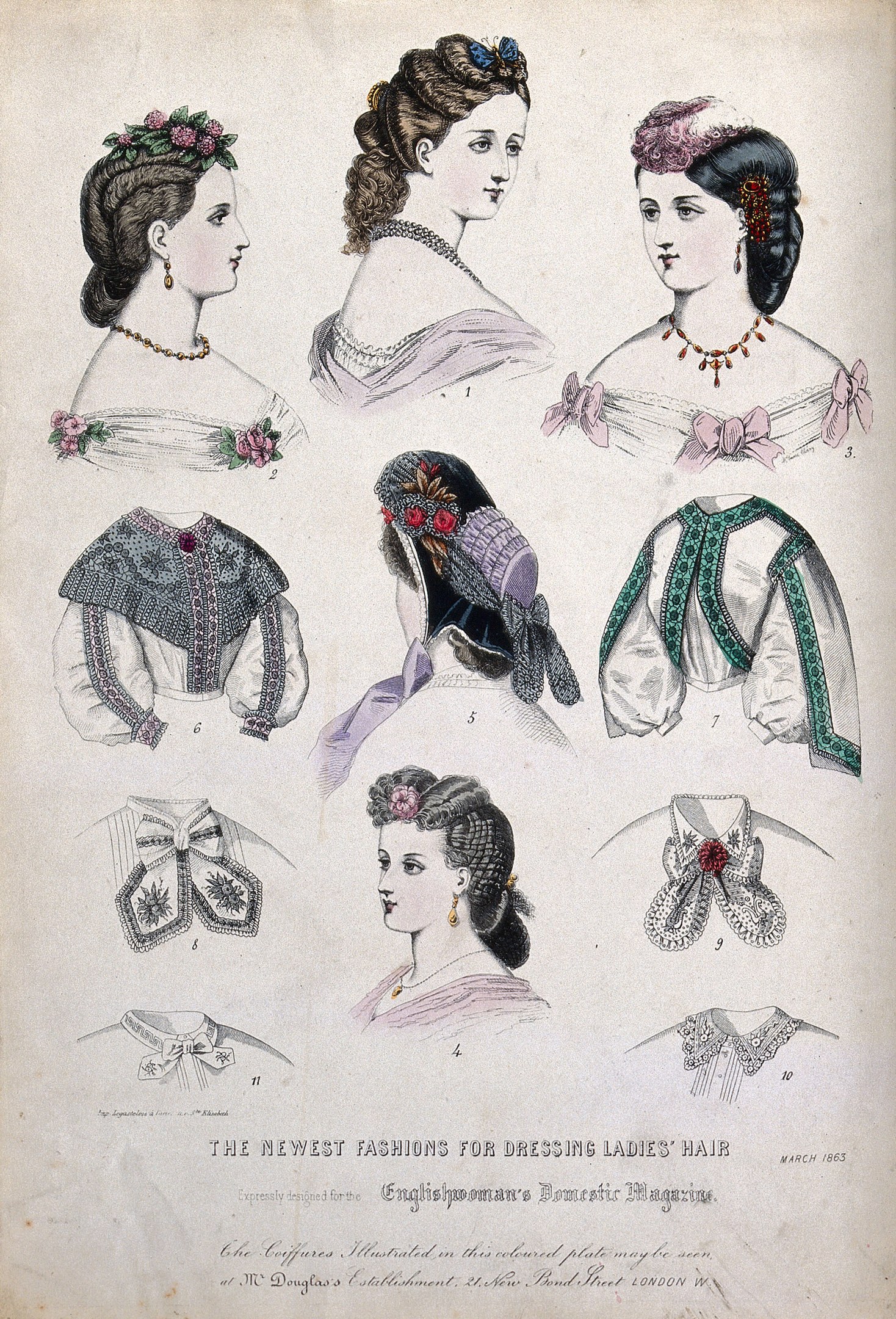 Eine Broschüre mit dem Titel "Die neuesten Moden für die Frisur von Damen" mit Abbildungen von Frauen in verschiedenen Kleidern und Frisuren, von lang und wellig bis kurz und lockig, mit Kleidern in hellen und gedeckten Farben.