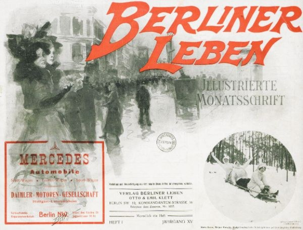 Anzeige für ein Mercedes-Benz-Fahrzeug in Berlin mit Menschen, Bäumen, Gebäuden, Text und einem Stempel.