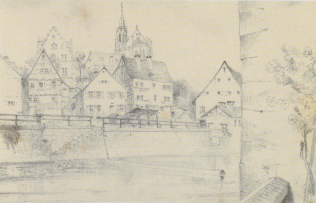 Kohlebleistiftzeichnung mit dem Titel "Nürnberg, Deutschland" von Joseph Mallord William Turner, die eine Stadtansicht mit einem Fluss, Gebäuden, Bäumen und einer Brücke zeigt.