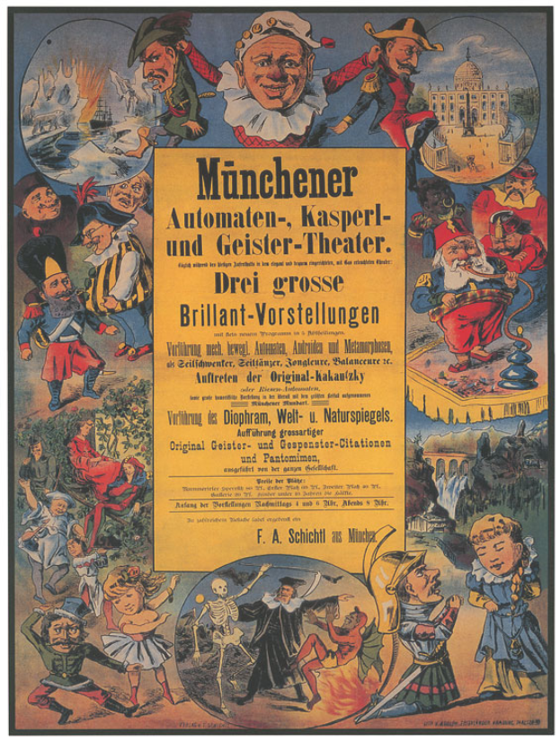 Ein altes deutsches Filmplakat für das Munchener Automaten-Kasperl- und Geister-Theater, das eine Gruppe von Menschen in bunten Kostümen in der Mitte zeigt, umgeben von Text, der eine lebhafte Atmosphäre vermittelt.