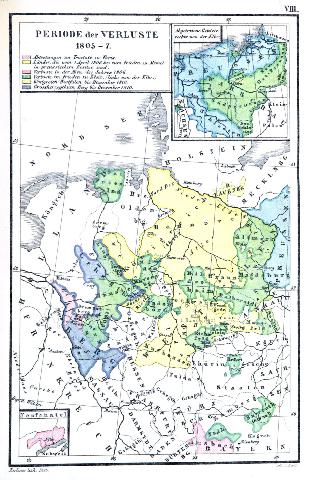 Eine bunte Karte Deutschlands während der Verluste-Zeit, mit Regionen in verschiedenen Farben und mit geografischen Namen beschriftet.
