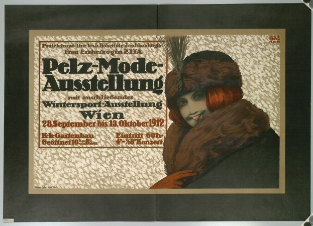 Plakat für ein Wintersport-Event in Wien, Österreich, mit einem strahlenden Frau im Fellmantel und Hut sowie Eventdetails im Text.