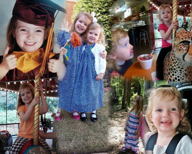 Collage mit lustigen Fahrgeschäften, Kindern an einem Tisch mit Essen und Besteck, umgeben von Grün und dekorativen Lichtern.