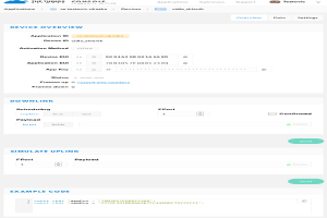 Ein Screenshot eines Dashboards aus der Things-Konsole, das eine Geräteübersichtsseite mit Text und Icons anzeigt und Informationen zu den Gerätefunktionen, -fähigkeiten und -nutzung bereitstellt.
