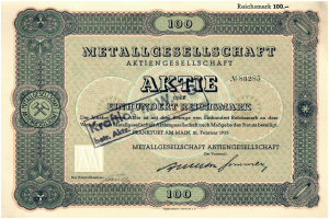 Alte deutsche 100 Reichsmark-Banknote von 1933 mit 'Metallgesellschaft Aktie' darauf gedruckt.