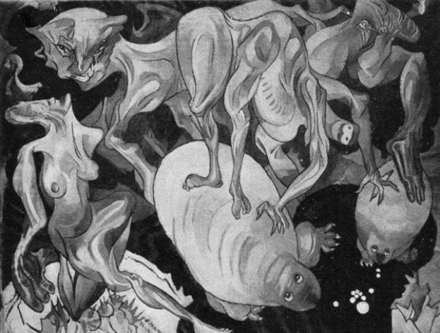 Schwarzes und weißes Bild aus dem Jahr 1938 von KÜNSTLER, das eine Gruppe von Tieren zeigt, darunter ein Löwe, eine Giraffe, ein Zebra und ein Flusspferd, in einem dunklen, mysteriösen Raum mit zusätzlichem Text.