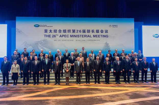 Gruppe von Menschen in formeller Kleidung auf einer Bühne mit einem "Asia Pacific Economic Cooperation Summit"-Hintergrund, Treppen, Brettern und Lichtern.