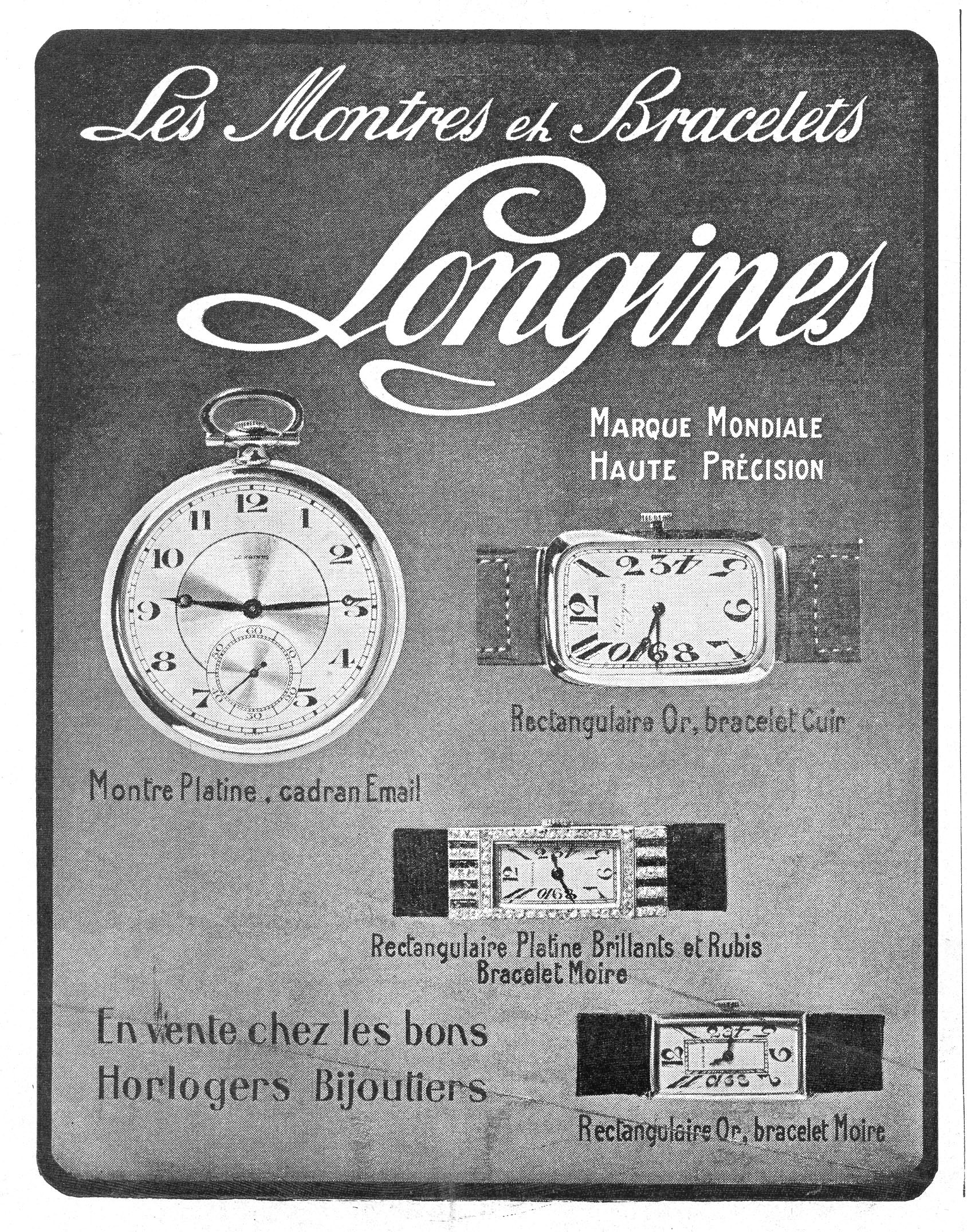 Vintage-Werbetafel für eine Longines-Uhr aus den 1920er Jahren mit gedämpften Blautönen und Grautönen, die klassische Typografie und detaillierte Illustrationen der Uhren zeigt.