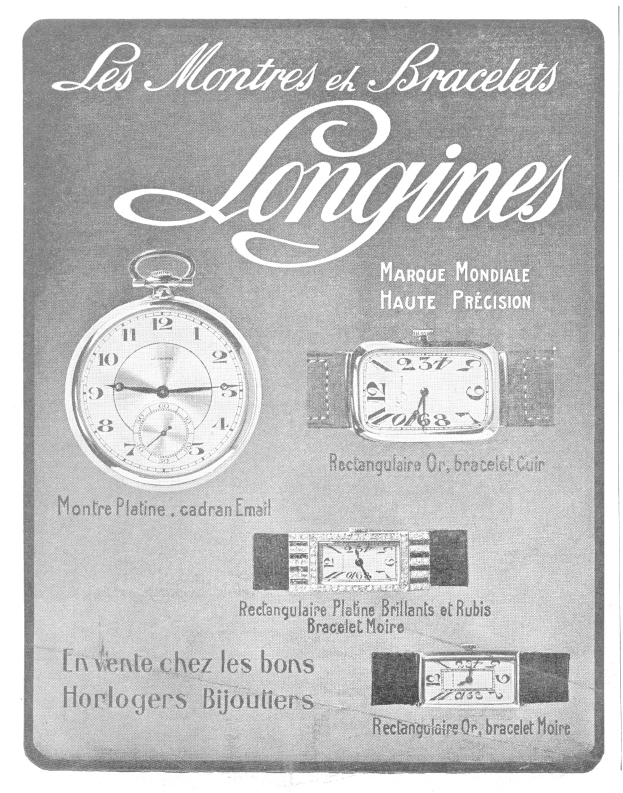 Vintage-Werbetafel für eine Longines-Uhr aus den 1920er Jahren mit gedämpften Blautönen und Grautönen, die klassische Typografie und detaillierte Illustrationen der Uhren zeigt.