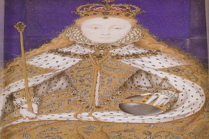 Gemälde der Queen Elizabeth I. von England in königlicher Kleidung, mit Krone, einen Stab haltend, mit Haaren in einem Dutt und einem würdevollen Gesichtsausdruck.