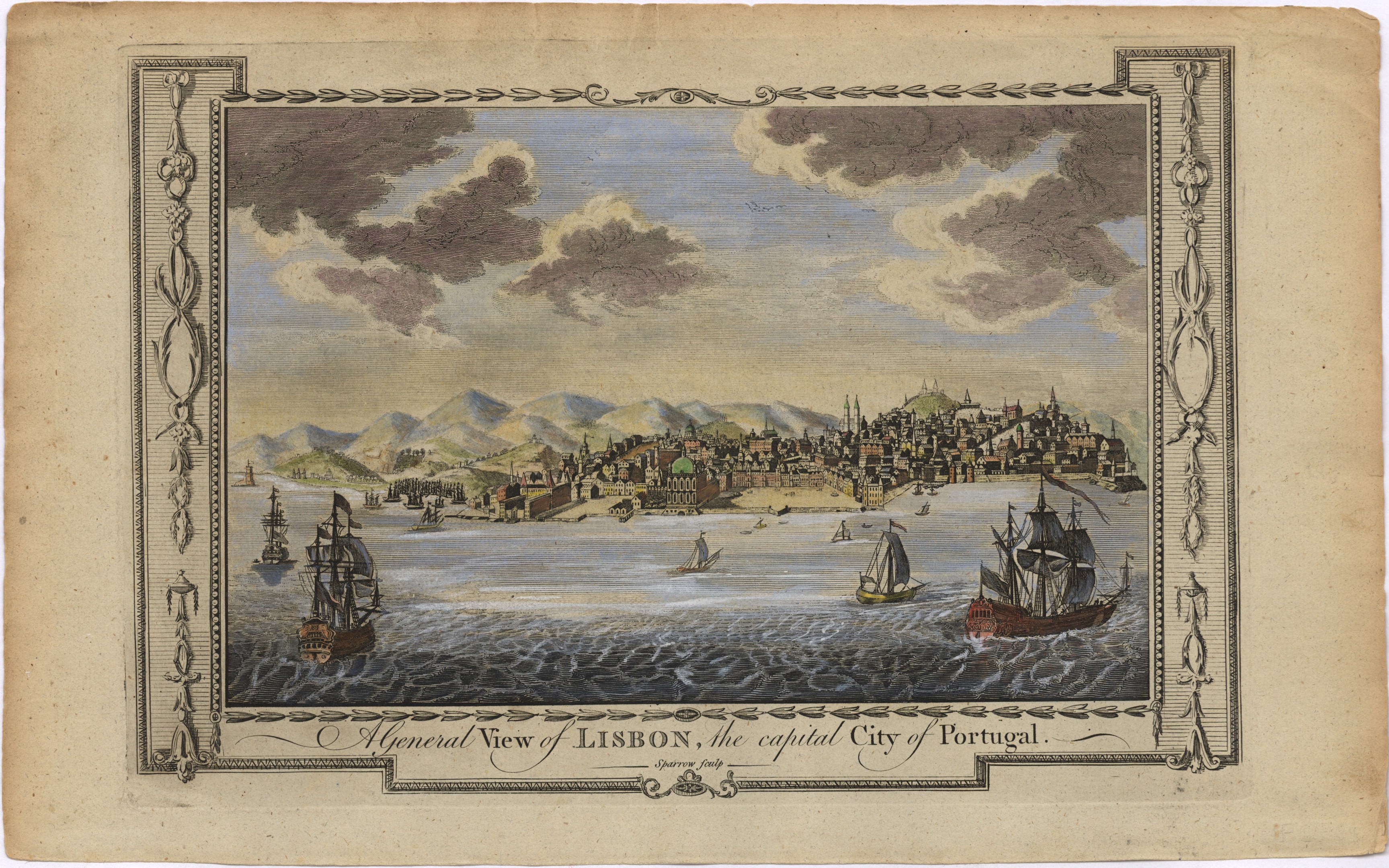 Ausblick auf Lissabon, Portugal, mit Booten auf dem Wasser, Gebäuden, Hügeln und einem bewölkten Himmel, mit Text unten.