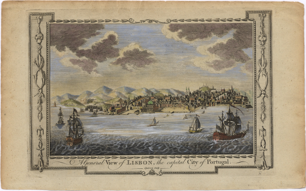 Ausblick auf Lissabon, Portugal, mit Booten auf dem Wasser, Gebäuden, Hügeln und einem bewölkten Himmel, mit Text unten.