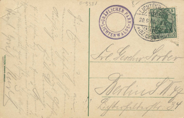 Alte Postkarte mit einer Briefmarke, die "Lichtenwald, Deutschland - Einschreiben nach Deutschland" lautet, mit handgeschriebener Text und zwei zusätzlichen Briefmarken in der oberen rechten Ecke.