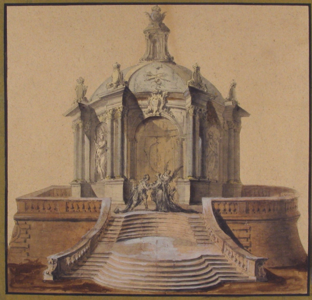 Ein gerahmtes Bild einer klassisch anmutenden Brunnenfigur mit einer Statue darauf, umgeben von Stufen und weiteren Skulpturen.