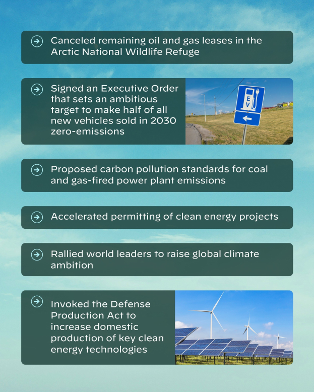 Plakat mit dem Text "Abgesagte verbleibende Öl- und Gasförderlizenzen im Arctic National Wildlife Refuge" mit Abbildungen von Solarpanelen, Windrädern und einem bewölkten Himmel.