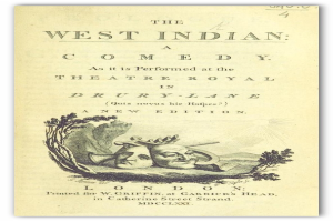 Ein Plakat f├╝r 'The West Indian Comedy' im Theatre Royal in Drury Lane, das ein Schwarz-Wei├č-Bild eines Mannes in Zylinder und einer Frau in langem Kleid zeigt, die beide l├Ącheln und in die Kamera blicken, mit der ├╝berdimensionalen, weißen Schrift 'The West Indian Comedy'.