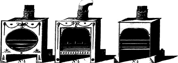 Drei schwarze und weiße Holzöfen, die in einem Dreieck angeordnet sind, mit dem größten in der Mitte und zwei kleineren an den Seiten, jeweils mit einem hohen zylindrischen Schornstein darauf.