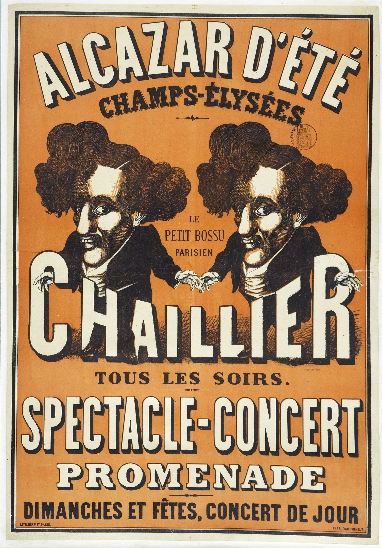 Plakatwerbung für ein Spektakelkonzert mit zwei Männern in Anzügen, die Seite an Seite mit ernsten Gesichtern stehen, Text in fetter Schrift.