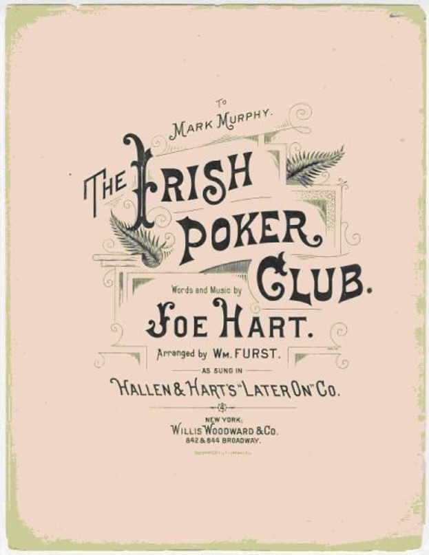 Ein gerahmtes Plakat mit der Aufschrift "The Irish Poker Club" in fetter schwarzer Schrift auf einem weißen Hintergrund, umrandet von schwarz, mit einer bunten Kleeblatt-Illustration.