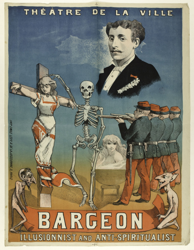 Plakat für das Théâtre de la Ville in Paris mit einem Skelett mit ausgestreckten Armen, umgeben von verstörten Menschen, mit der Aufschrift "Bargeon Illusionist und Anti-Spiritualist."