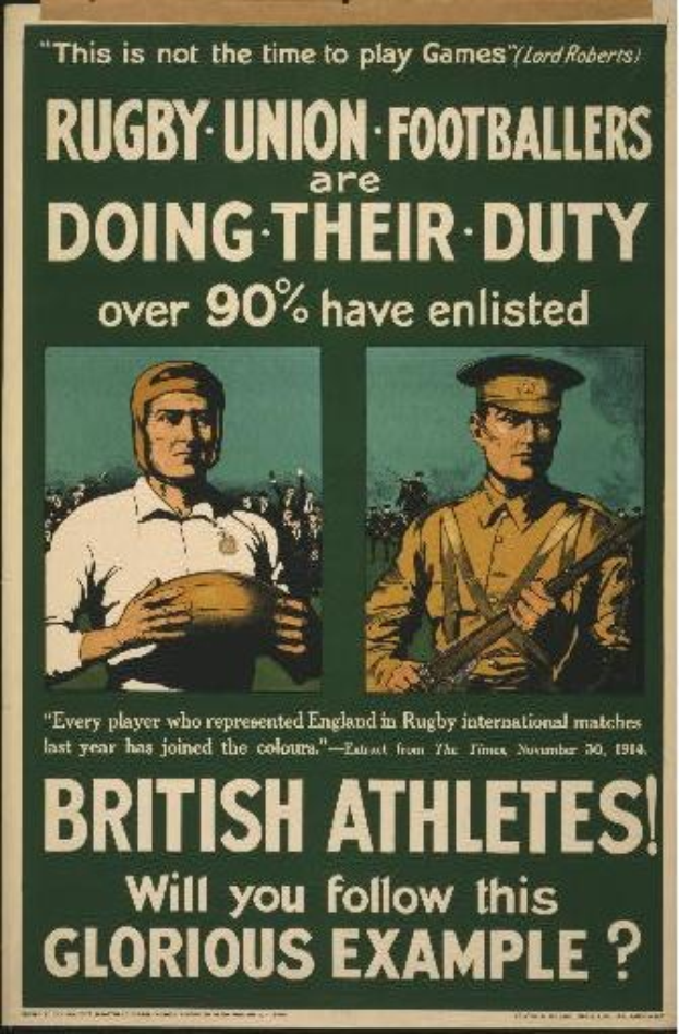 Plakat mit zwei Rugbyspielern in Uniform mit Text über britische Athleten, die ihren Dienst versehen.