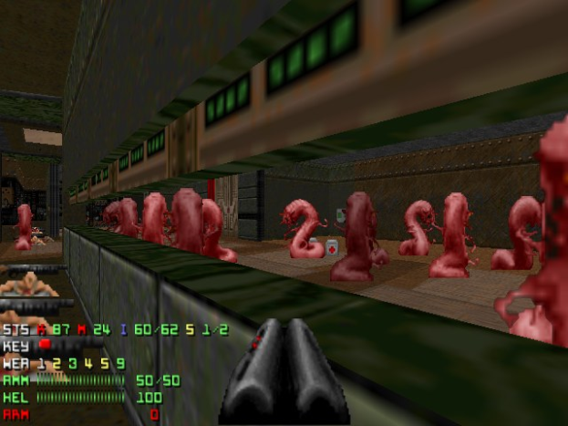 Screenshot von *Doom II* mit animierten Zombies in einem Raum, einer Waffe unten und Statustext/Zahlen links.