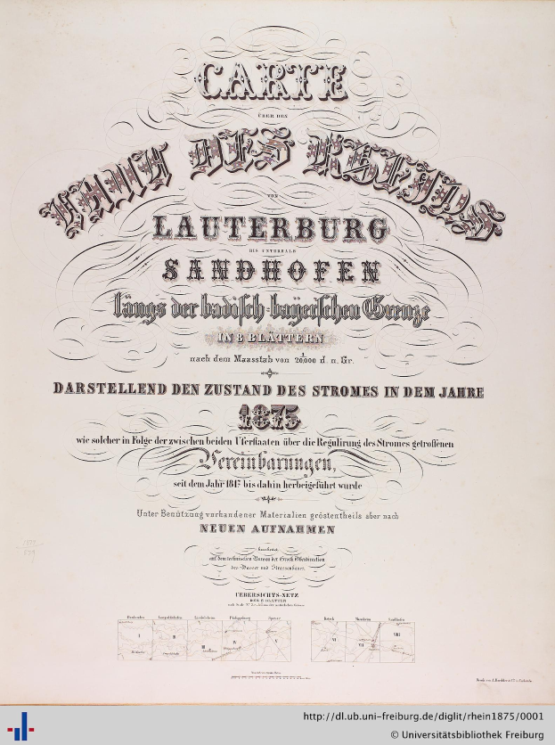 Altes Schwarz-Weiß-Zertifikat der Universität Freiburg von 1875 mit Porträt eines Mannes, Text 'Lauterburg Sandhofen' und sichtbarem Wasserzeichen unten.