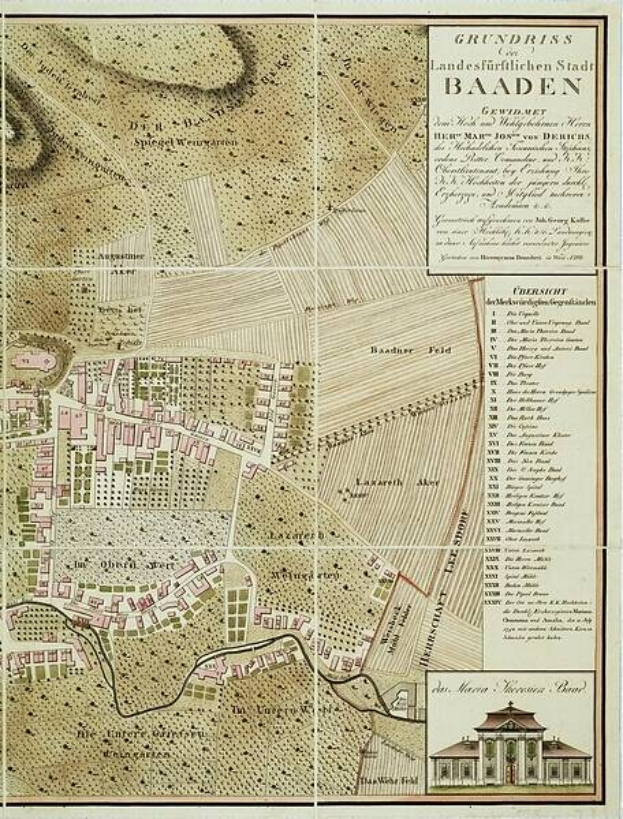 Alte detaillierte Karte von Baden-Württemberg, Deutschland, mit Straßen, Gebäuden und Sehenswürdigkeiten, mit einem Gebäude im unteren rechten Bereich und Text, der städtische Informationen bereitstellt.
