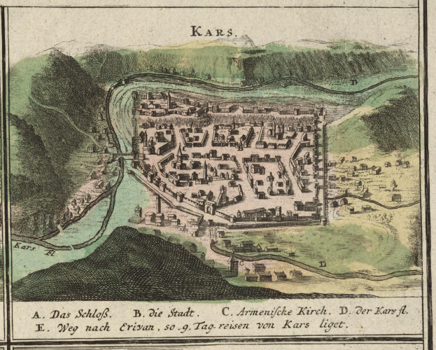 Alte Karte von Karlsruhe, Deutschland, die Gebäude, Bäume, Hügel und einen gewundenen Fluss zeigt, mit Text auf Papier unten.