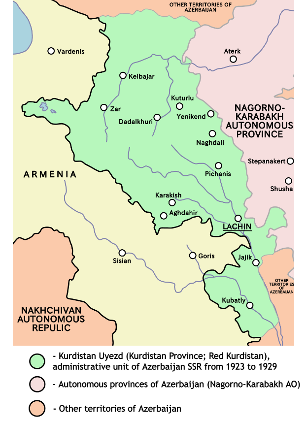 Ein detailliertes Kartenbild von Armenien, das die autonomen Provinzen Aserbaidschans hervorhebt, mit Städten, Dörfern und geografischen Merkmalen, begleitet von Text, der Informationen über die Provinzennamen und -grenzen bereitstellt.