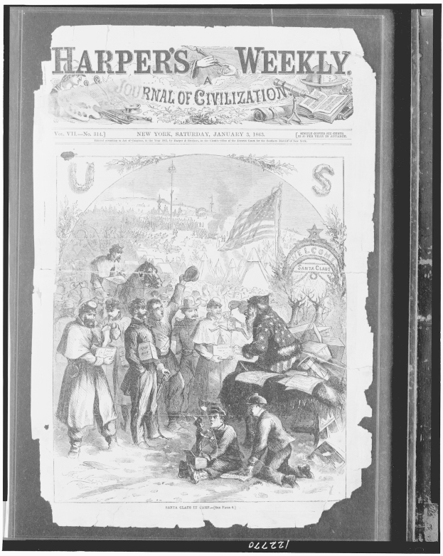 Schwarzes und weißes Bild von Menschen, die um eine Zeitung mit der Überschrift 'Harper's Weekly Journal of Civilization' versammelt sind.
