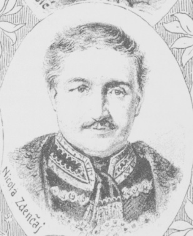 Schwarzes und weißes Zeichnung eines Schnauzbartmannes, der als Nicola Zdeněcić identifiziert wird, umgeben von floralen und textlichen Designs.