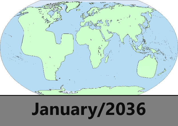Ein blauer und grüner Globus mit dem Text "Januar 2036" auf einem weißen Hintergrund.