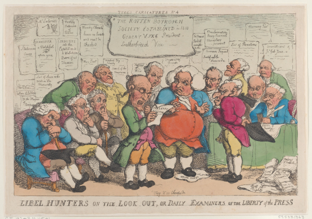 Eine Gruppe von Menschen, die um einen Tisch sitzen und Papiere und Gegenstände haben, einer hält ein Papier in der Hand, mit Text unten lesbar "Libel Hunters on the Look Out, or Daily Examiners of the Liberty of the Press".