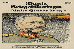 Ein deutsches Propagandaplakat mit dem Titel "Bunte Riegsbilderbogen - Unter Sindenburg", das einen Mann mit Schnurrbart in einer Militäruniform zeigt, wahrscheinlich Adolf Hitler, mit Textinformationen über die Schlacht an der Somme während des Ersten Weltkriegs.