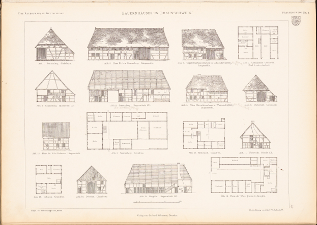 Ein offenes altes Buch mit Architekturhausplänen und -entwürfen.