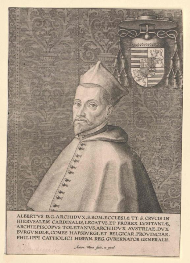 Gravur eines Mannes in Priestergewand und Hut, beschriftet mit Albrecht D., im Hintergrund ein Wappen und unten der Schriftzug "Erzbistum".