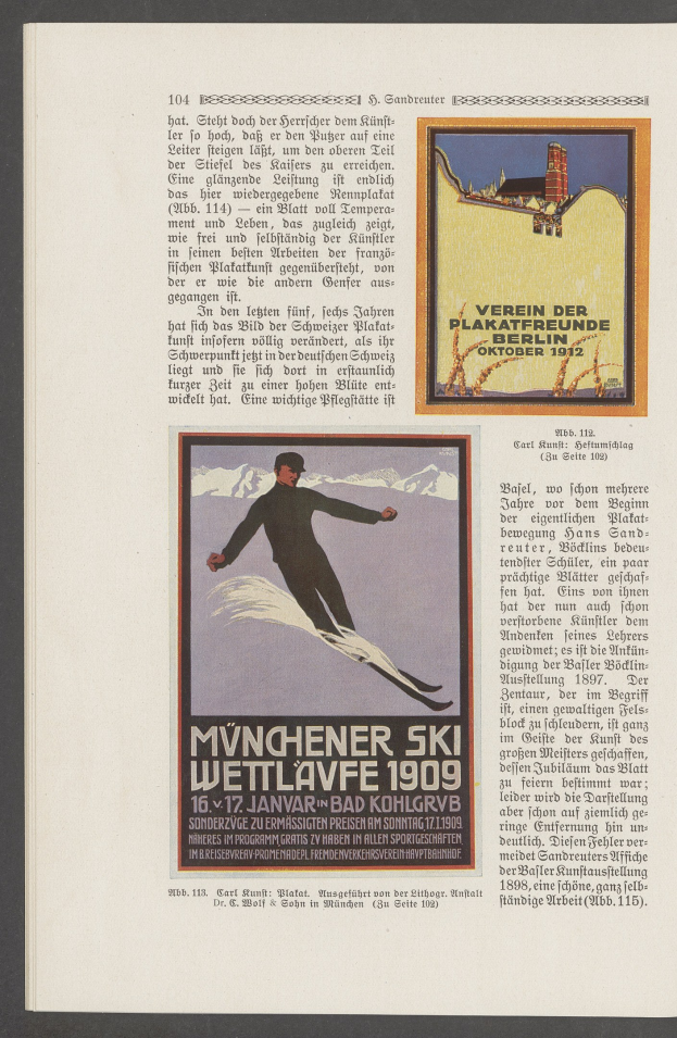 Werbeplakat für die "Münchner Ski-Wettläve 1909" mit einem Skifahrer in einem Neoprenanzug und Helm, der eine schneebedeckte Abfahrt unter einem klaren blauen Himmel hinunterfährt.