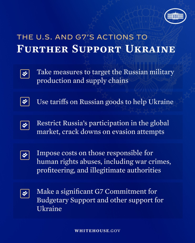 Blauer Plakat mit weißer Schrift und einem weißen Kreis-Logo mit roter 'G7'-Aufschrift, betitelt mit 'Die Maßnahmen der USA und der G7 zur weiteren Unterstützung der Ukraine.'