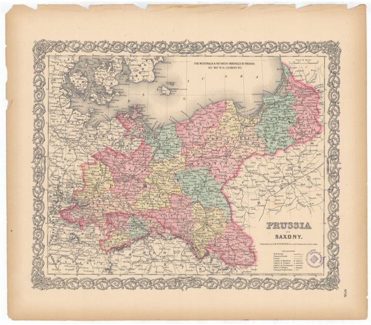 Ein altes Kartenblatt von Preußen und Sachsen mit klaren Grenzen, auf altem Papier gedruckt.