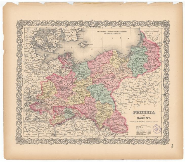 Ein altes Kartenblatt von Preußen und Sachsen mit klaren Grenzen, auf altem Papier gedruckt.