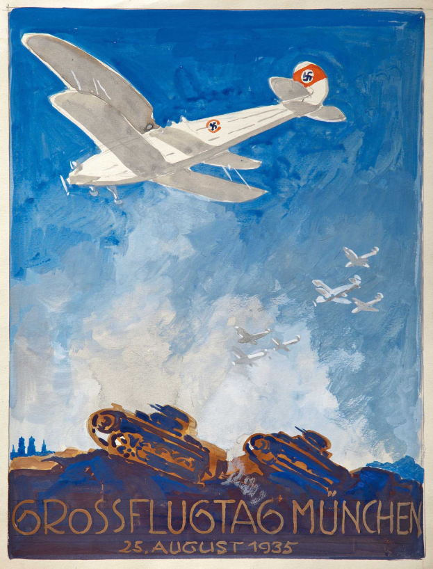 Plakat für den "Grossflugtag München" am 25. August 1935, das ein Flugzeug im Flug mit zusätzlichen Flugzeugen im Hintergrund zeigt.